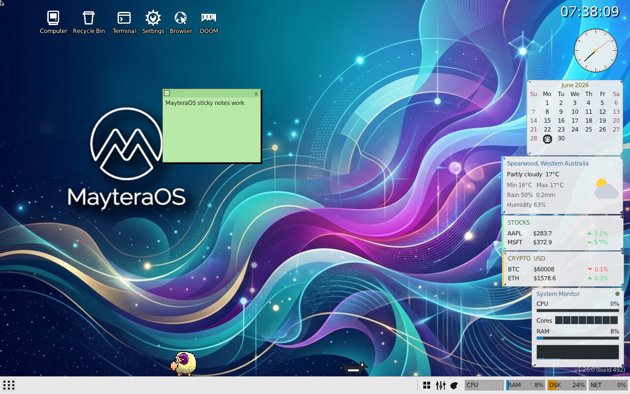 The MayteraOS desktop: a blue swirl wallpaper, desktop icons, a taskbar, and a column of clock, calendar, weather and system-monitor widgets.