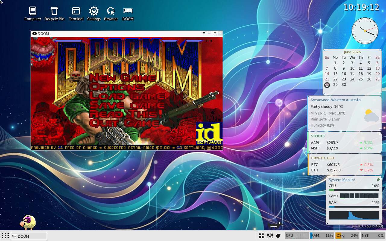 DOOM running in a window on the MayteraOS desktop.