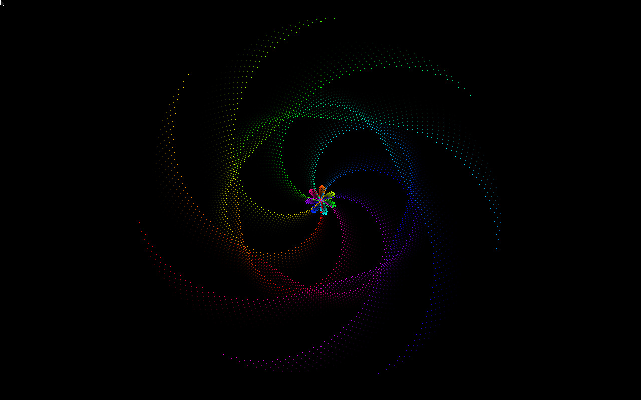 A particle-spiral screensaver running full screen.