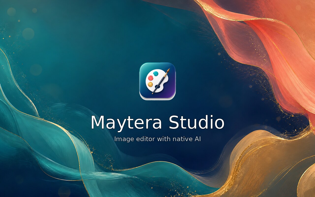 Maytera Studio's splash screen: a palette-and-brush icon over the app name, &ldquo;Image editor with native AI&rdquo;.
