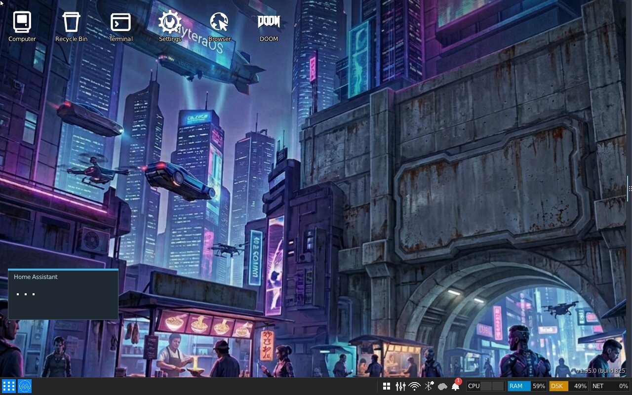 MayteraOS desktop in the modern dark theme, with a neon cyberpunk-city wallpaper.