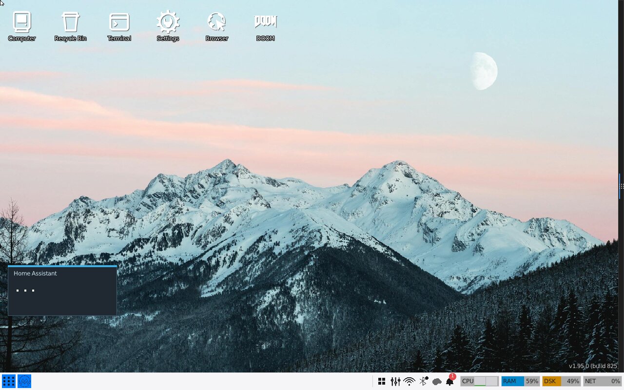MayteraOS desktop in the modern light theme, with a snow-capped mountain wallpaper at dusk.