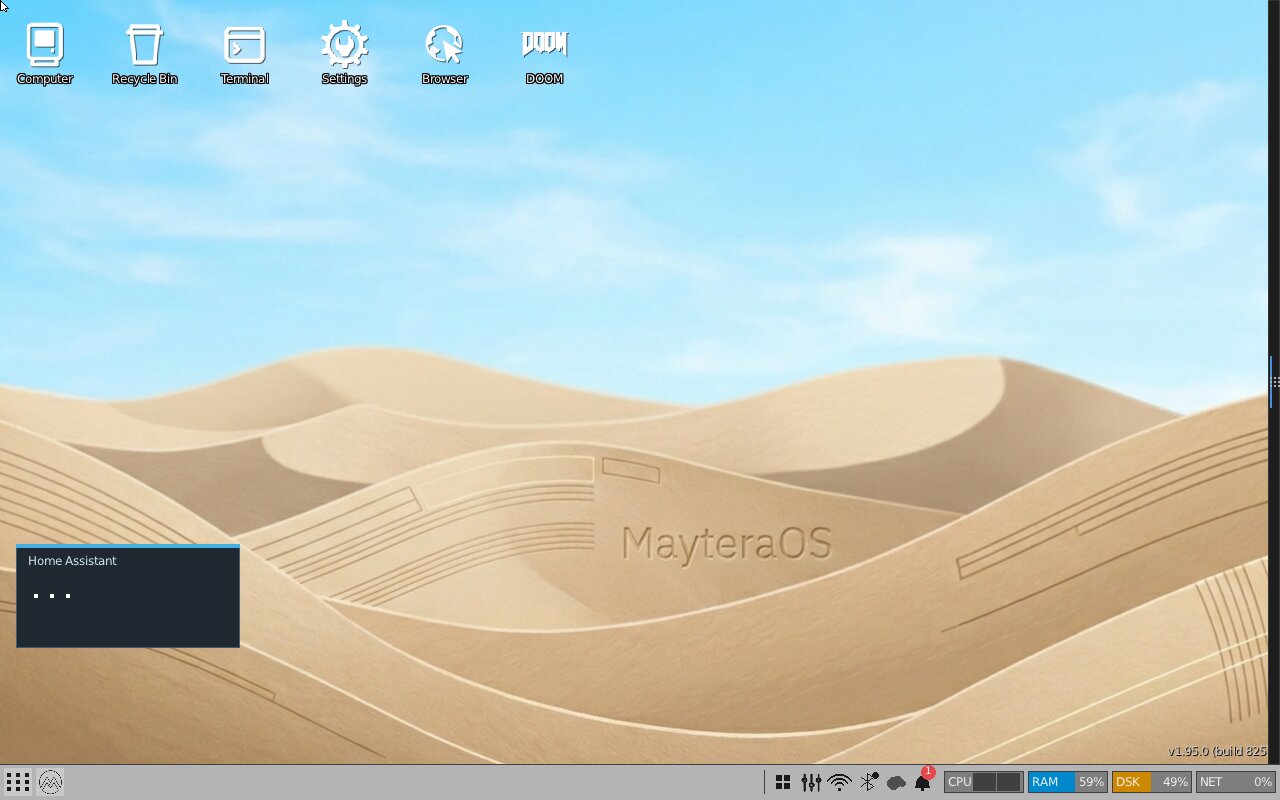 MayteraOS desktop in the retro UNIX / CDE theme, with a warm desert-dune wallpaper.